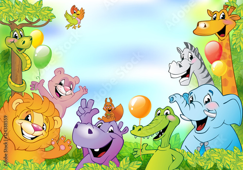 Cartoon animals, cheerful background © azzzya