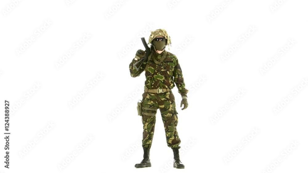 Man in camouflage looks around. White backgraund Man in camouflage looks around. White backgraund