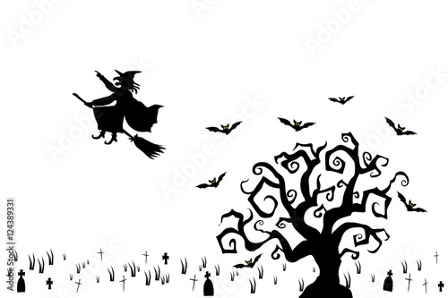 Halloween witch, tree and flying bats. Greeting card, invitation and poster template