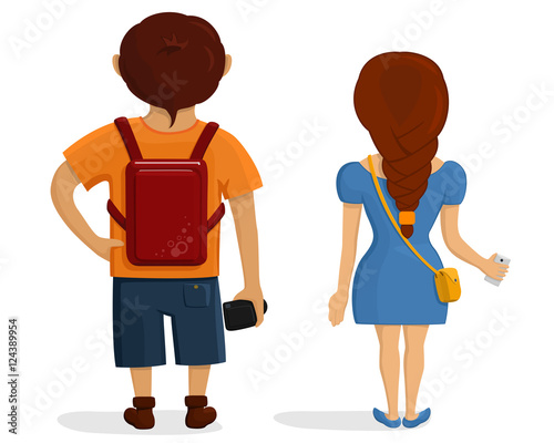 Boy and girl on journey from the back. Rear view of young couple. Backside view of person. Isolated vector illustration of cartoon tourists character on white background.