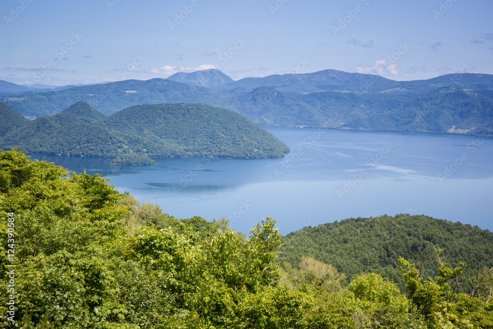 Beautiful lake and mountain in summer season in Hokkaido Japan