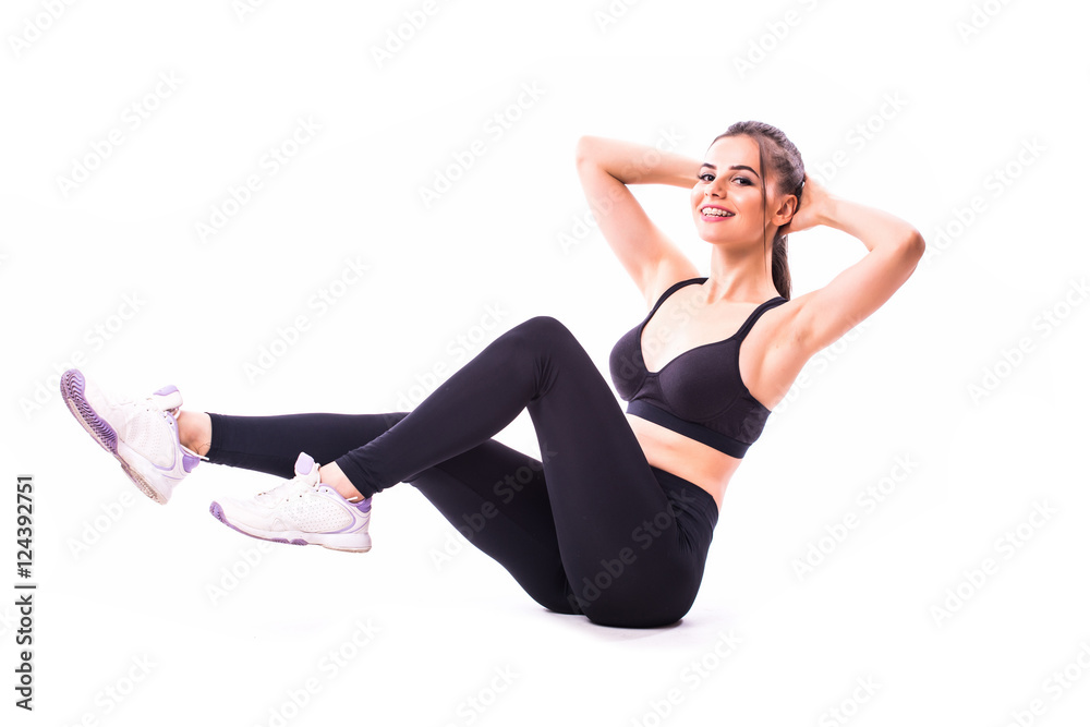 Fitness girl do exercise on white