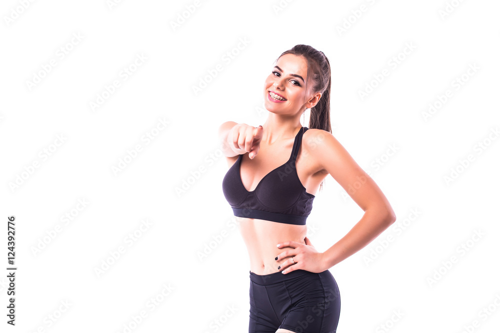 Sport fitness girl pointed on you white background Sport fitness girl pointed on you white background