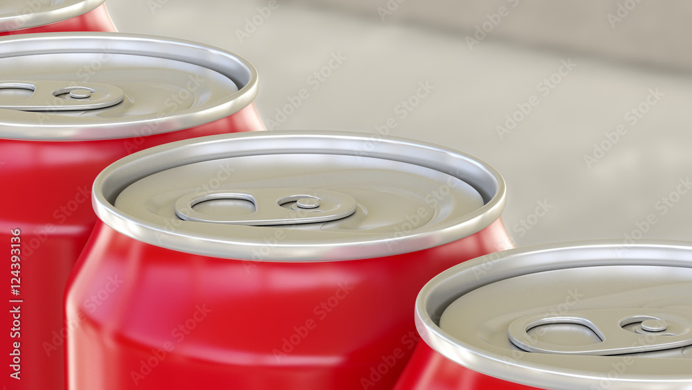 Red aluminum cans on industrial conveyor. Soda or beer production line. Recycling ecologic packaging. 3D rendering Red aluminum cans on industrial conveyor. Soda or beer production line. Recycling ecologic packaging. 3D rendering