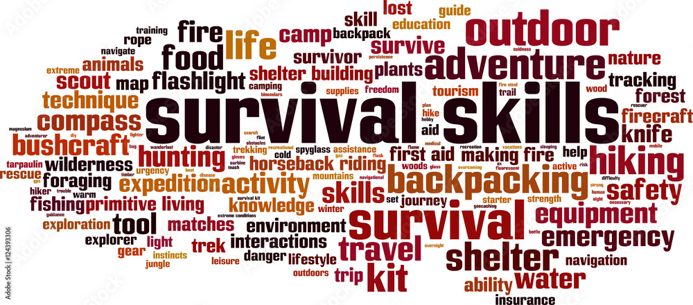 Survival skills word cloud concept. Vector illustration