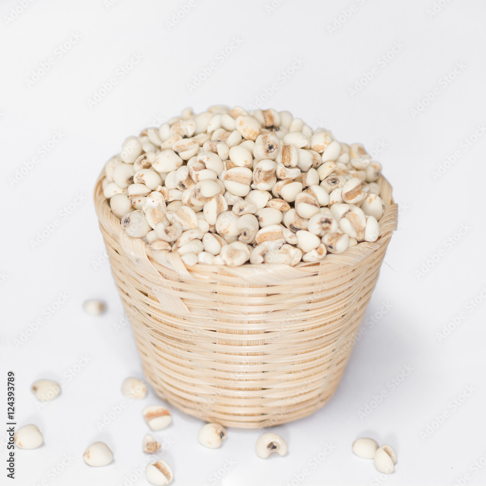 Millet rice , millet grains in bowl Bamboo Basket on white Millet rice , millet grains in bowl Bamboo Basket on white