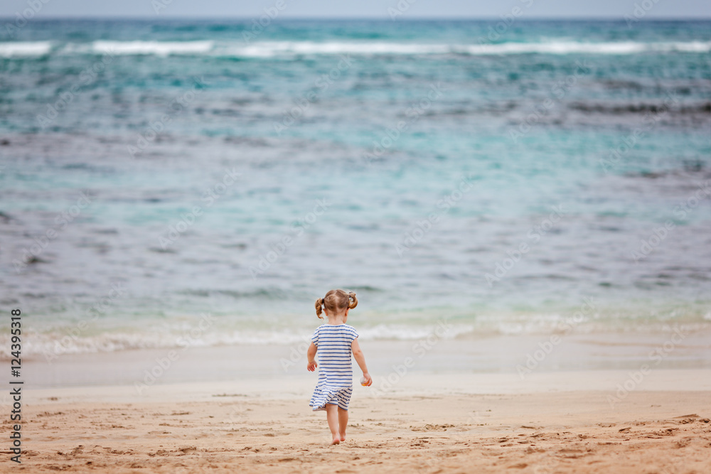Toddler girl in navy and white casual dress going to the sea waves. Toddler girl in navy and white casual dress going to the sea waves.