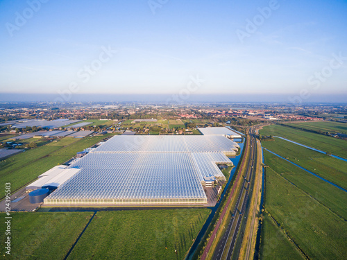 Aerial view of greenhouse in fields Netherlands photo