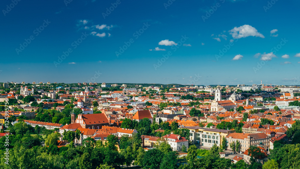 Cityscape Of Vilnius, Lithuania In Summer. Beautiful Panoramic View Of Old Town In Evening.