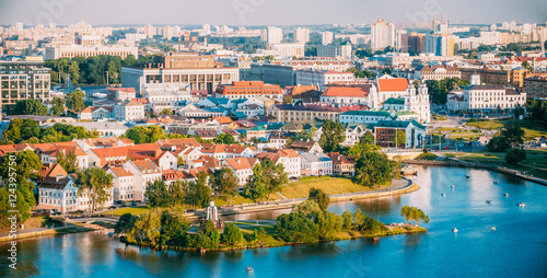 Aerial View, Cityscape Of Minsk, Belarus. Summer Season, Sunset. photo