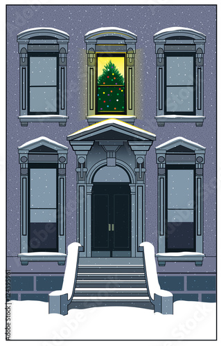 Christmas Eve / A Christmas tree shines through an upstairs window.
