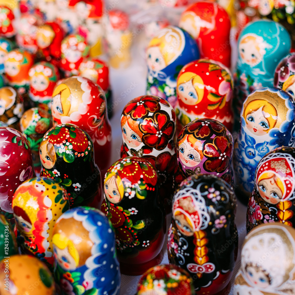 Top View Of Bunch Colorful Russian Matryoshka, Traditional Nesti Top View Of Bunch Colorful Russian Matryoshka, Traditional Nesti