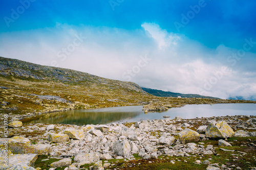 Scenic view of mountains lake. Nature of the Norwegian mountains