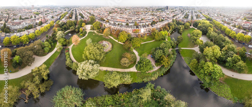 Aerial view of Amsterdam city roofs beside Sarphati park