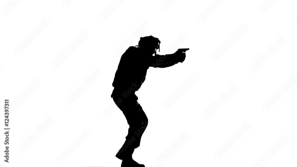 Man flee holding a gun in hand. Silhouette Man flee holding a gun in hand. Silhouette