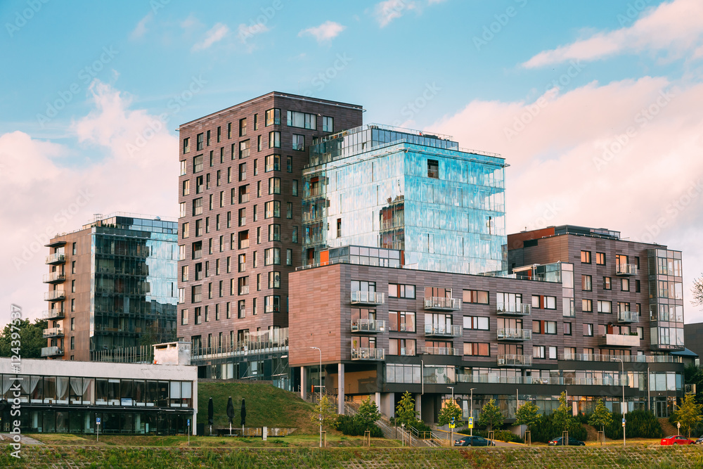 Vilnius, Lithuania. Contemporary Multilevel Apartment Complex In Scandinavian Architectural Style