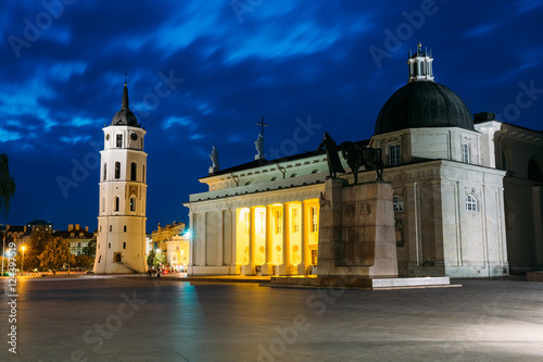 Vilnius, Lithuania. Night Or Evening View OF Cathedral Basilica 