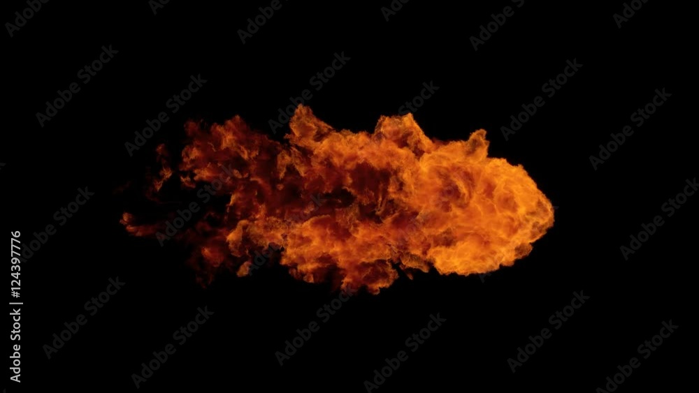 High Speed Fire ball explosion from left to right, slow motion fire flamethrower isolated on black background with alpha channel, perfect for cinema, digital composition, video mapping.