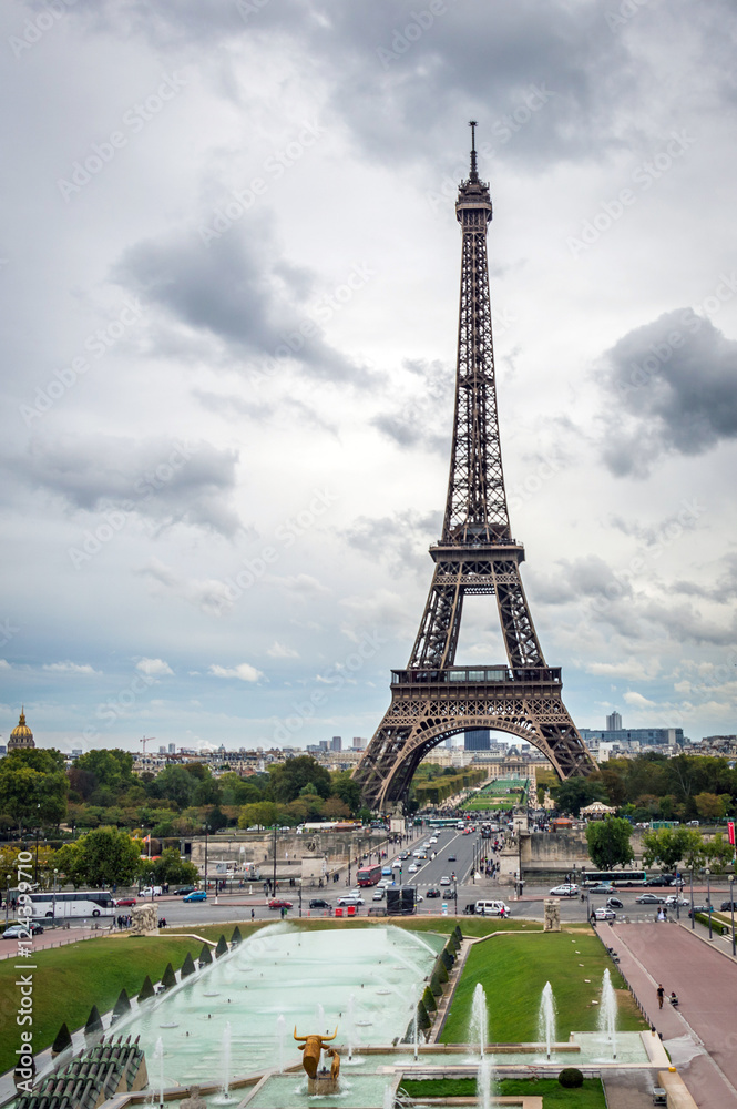 View Eiffel Tower in Paris. Cloudy day