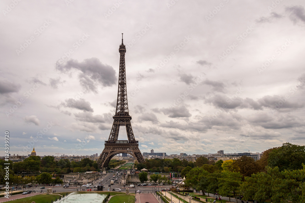 View Eiffel Tower in Paris. Cloudy day