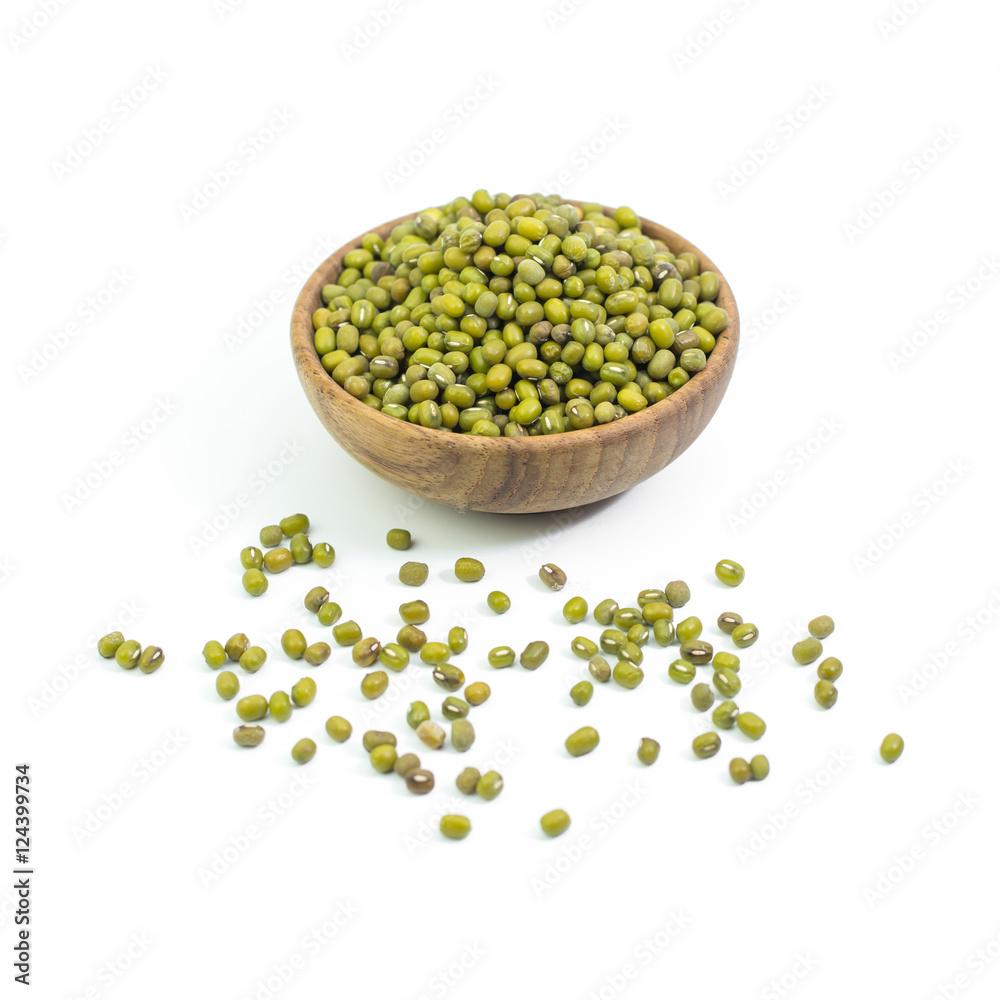 Mung beans in wood bowl isolated on white background Mung beans in wood bowl isolated on white background