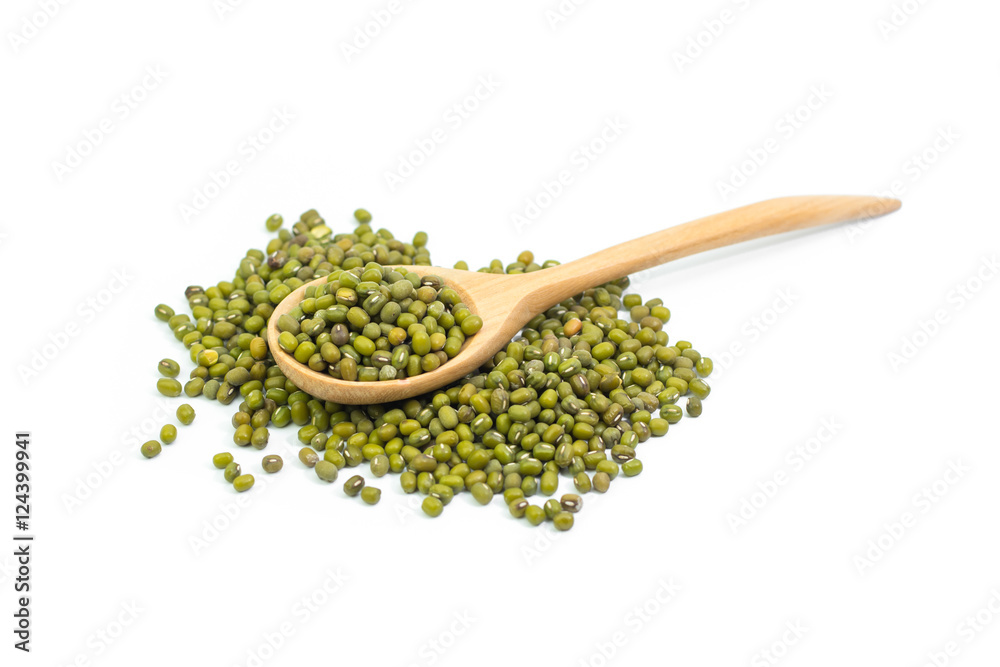 mung beans over wooden spoon isolated on white mung beans over wooden spoon isolated on white