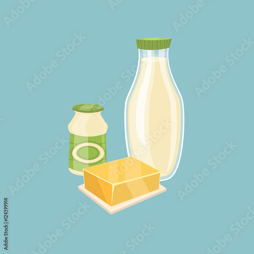 Assortment of dairy products isolated on blue background, vector illustration. Nutritious and healthy milk products. Natural and healthy food. Organic farmers products. Dairy icon.