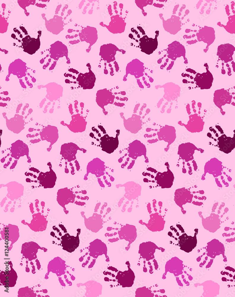 Seamless pattern with chaotic baby hands in shades of pink color. No gradient fill, sample in swatch panel