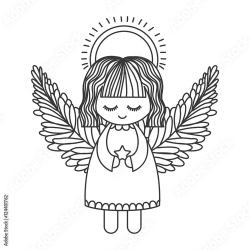 cute angel with wings and halo and holding star silhouette. Vector illustration