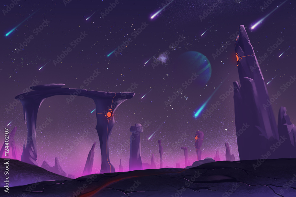 Fantastic and Exotic Allen Planet's Environment: Meteor Shower at Night.  Video Game's Digital CG Artwork, Concept Illustration, Realistic Cartoon  Style Background Stock Illustration | Adobe Stock