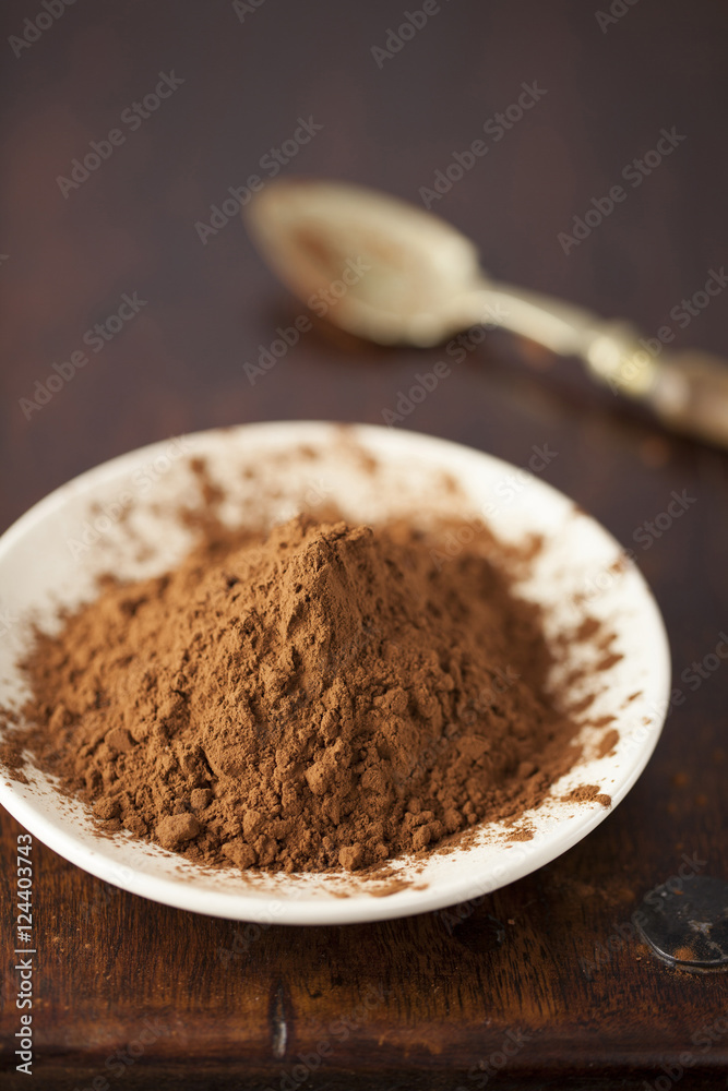 Cocoa Powder on Plate with Spoon Cocoa Powder on Plate with Spoon