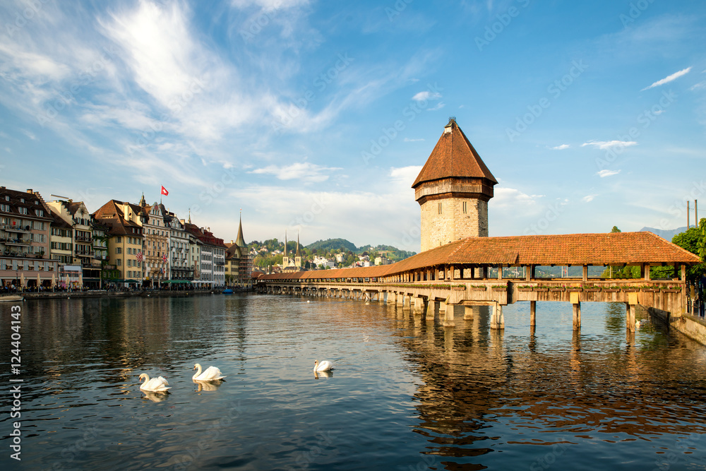 Lucerne with famous Chapel Bridge and lake, Switzerland.