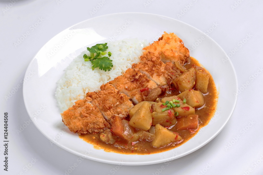 Jasmine rice with deep fried dolly fish in Japanese yellow curry. Jasmine rice with deep fried dolly fish in Japanese yellow curry.