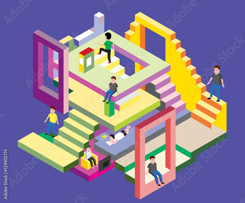 Isometric man in levels, Vector Illustration