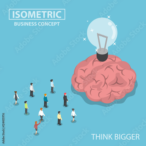 Isometric business people standing in front of the big brain and