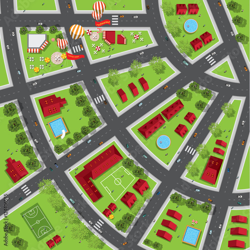 Top view of the city of streets, roads, houses, treetop, vector