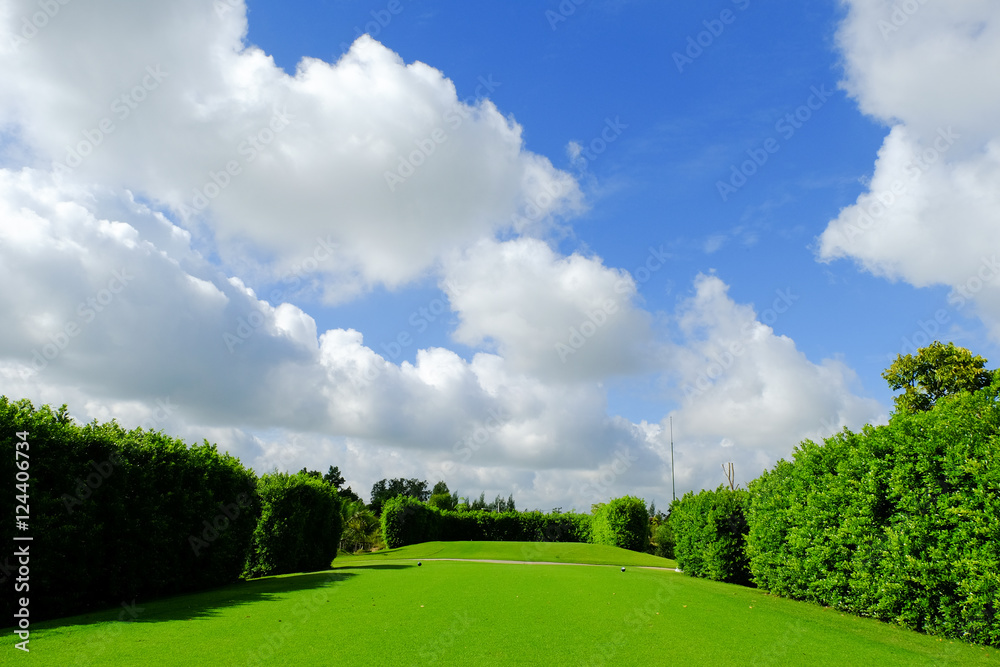 green tee off for play golf in first shot of each hole blue sky background