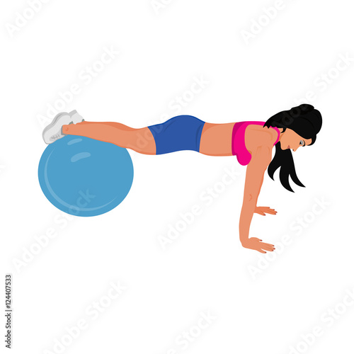fitness woman doing push ups on stability ball, sport, vector illustration