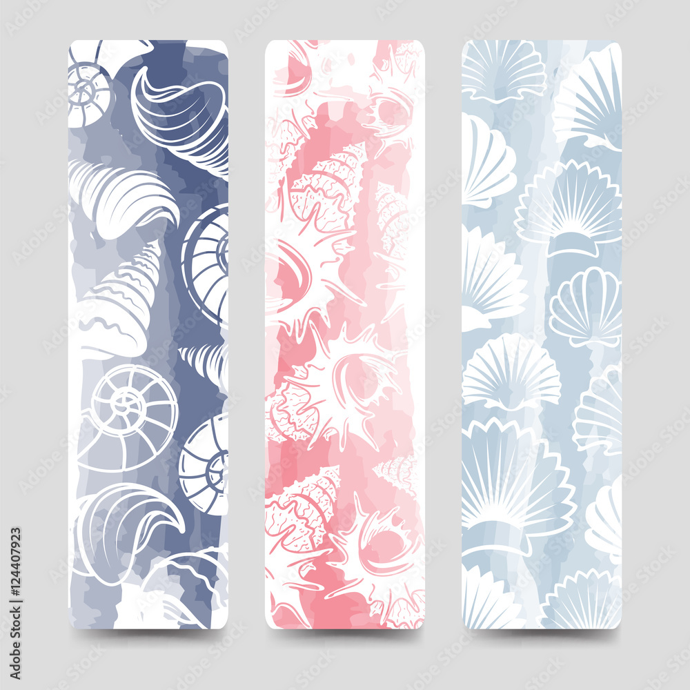 Obraz premium Ocean bookmarks template collection with sea shells and watercolor vector