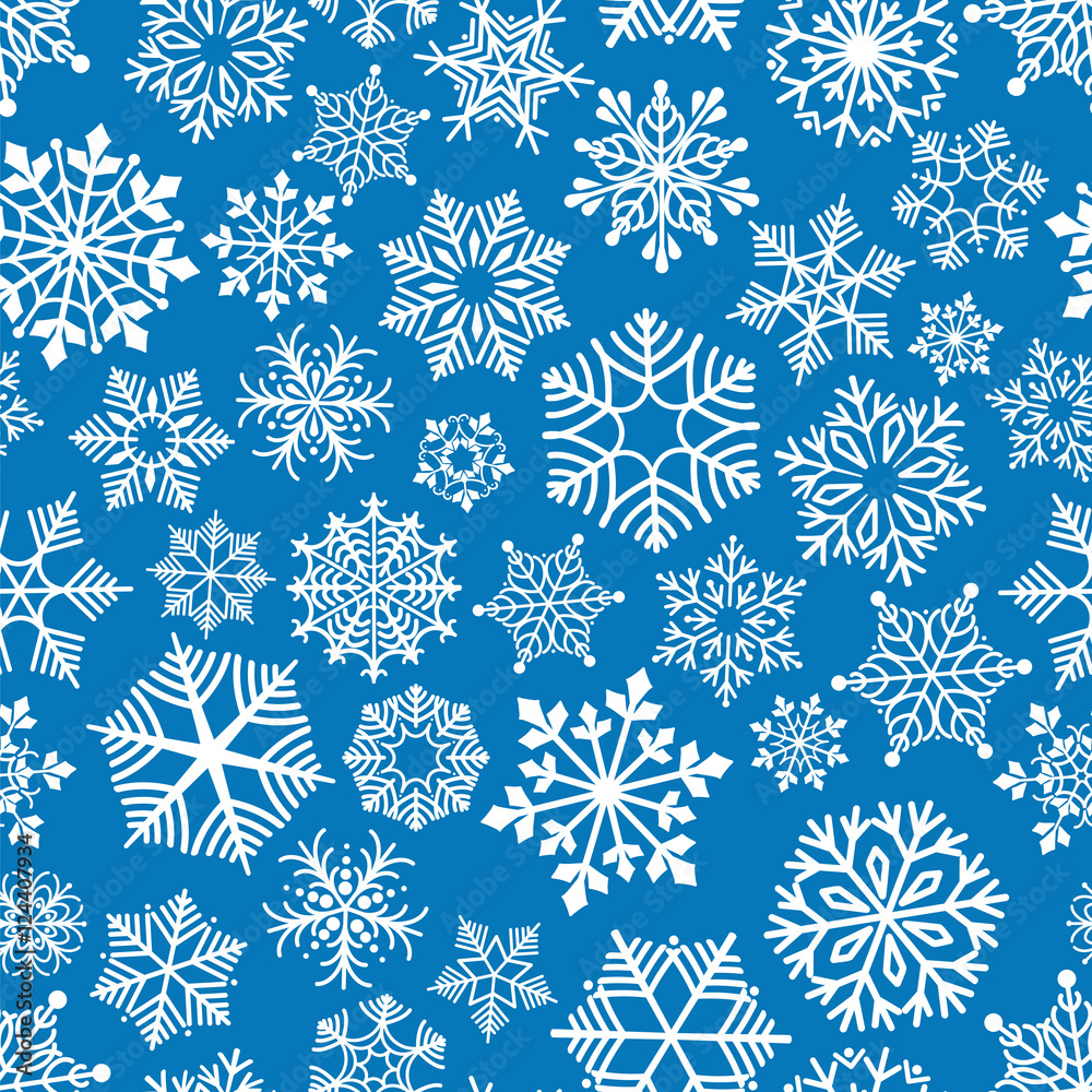 Snowflakes seamless pattern vector illustration. White snowflakes on blue background Snowflakes seamless pattern vector illustration. White snowflakes on blue background