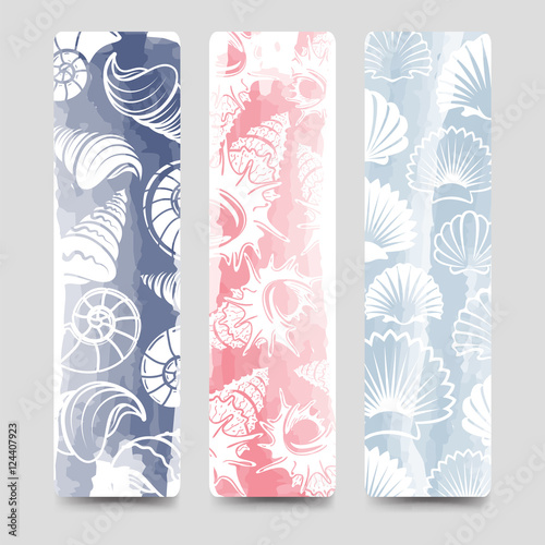 Ocean bookmarks template collection with sea shells and watercolor vector