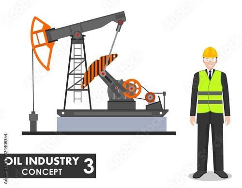 Oil industry concept. Detailed illustration of businessman, engineer and oil pump in flat style on white background. Vector illustration.