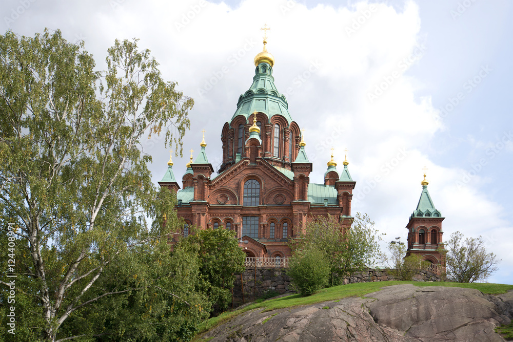 Orthodox cathedral of the Dormition of the virgin (1868), cloudy august day. Helsinki, Finland