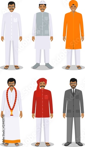 Set of different standing indian men in the traditional clothing isolated on white background in flat style. Differences people in the east dress. Vector illustration.