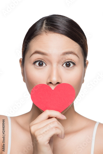 Cute attractive young woman with red heart. Valentine's day art