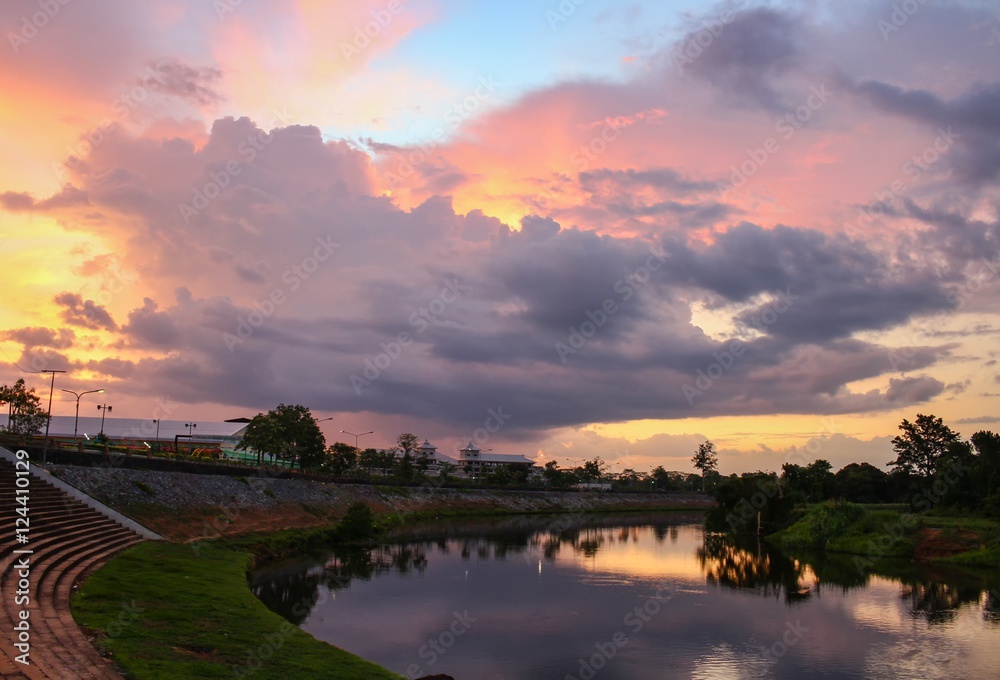 Colorful sky and colorful water in lake reflected in evening time