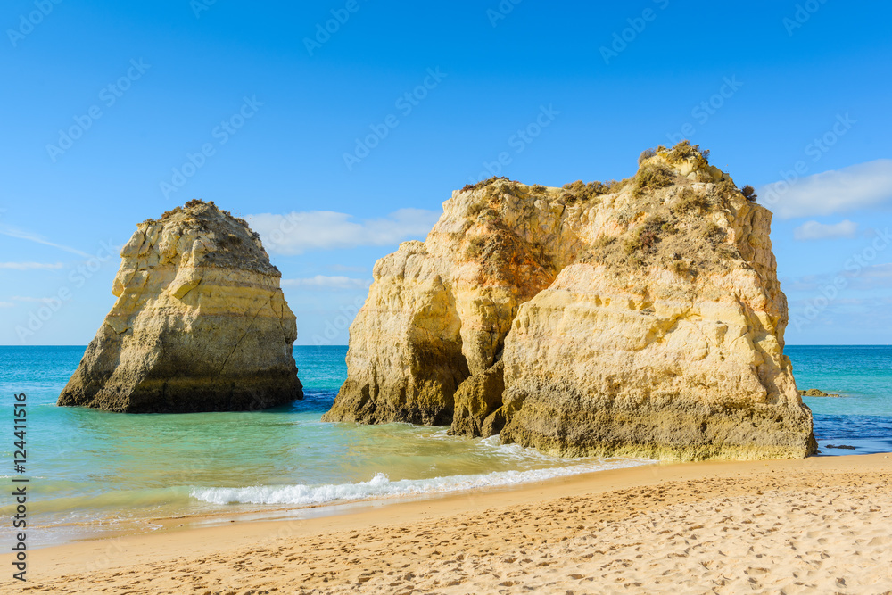 Rocks on the beach of Praia da Rocha, Portimao Coast. Algarve region. Portugal