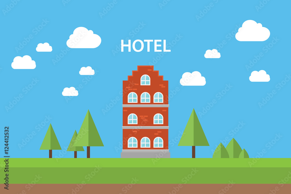 Fototapeta premium hotel concept with building standing with blue sky background flat tree