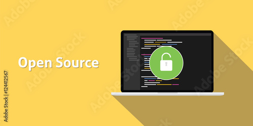 open source code program technology software development with yellow background and long shadow