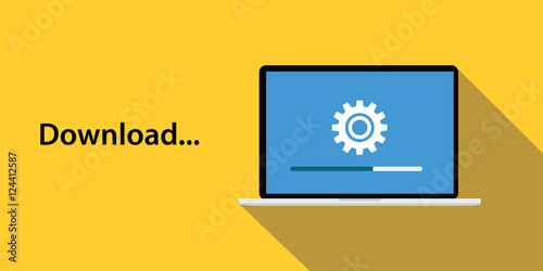 download concept with laptop notebook gear icon and long shadow yellow background